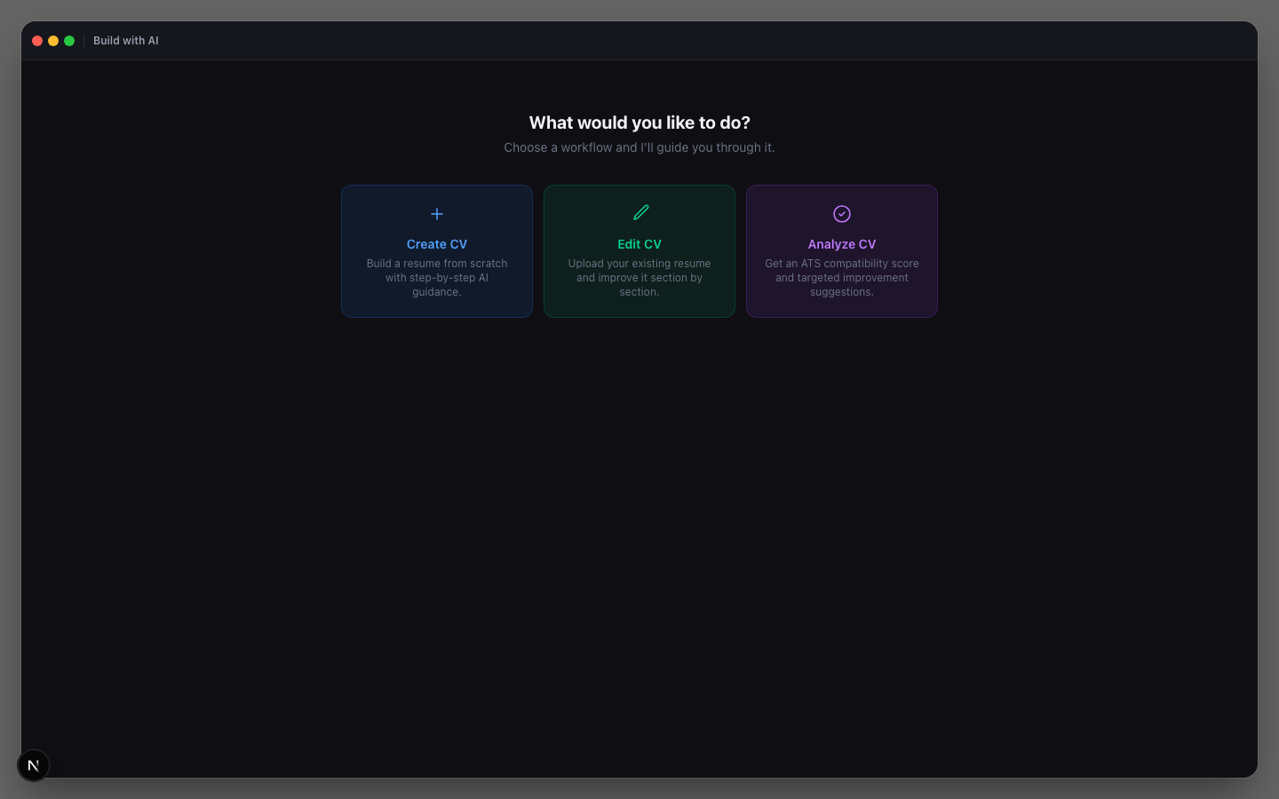 Jumproo AI Career Agent — choose Create CV, Edit CV, or Analyze CV to get started